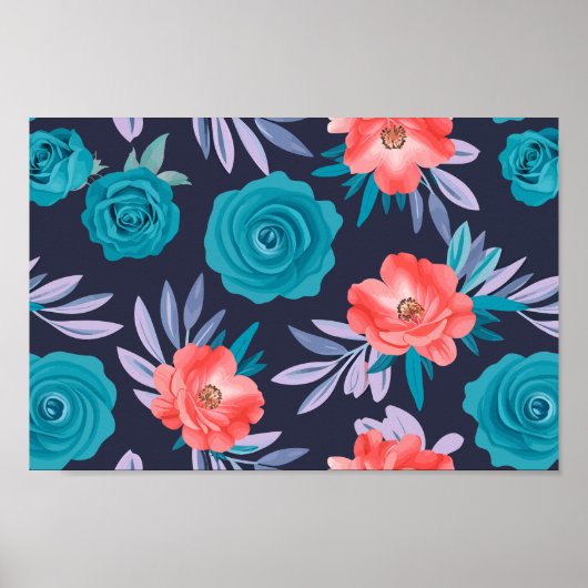 Turquoise Rozen & Koraalbloemen met pastelbladeren Poster (Voorkant)