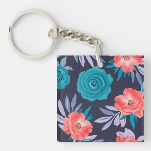 Turquoise Rozen & Koraalbloemen met pastelbladeren Sleutelhanger (Voorkant)