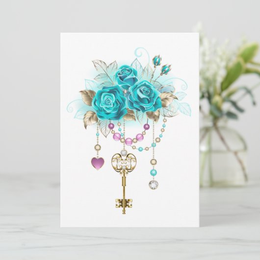 Turquoise-Rozen met Keys Bedankkaart (Staand voorkant)