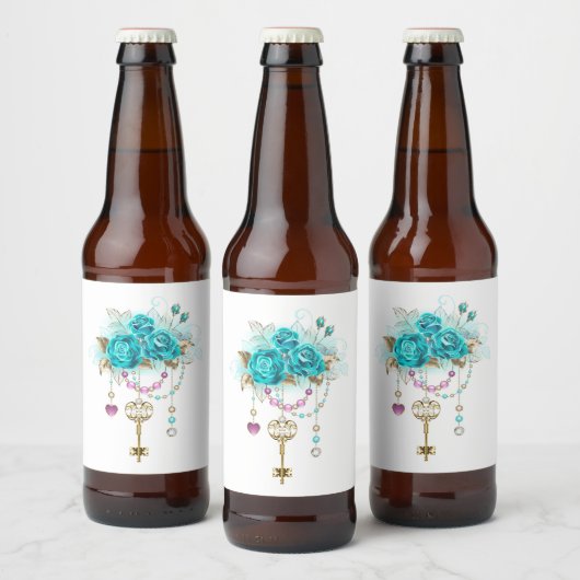 Turquoise-Rozen met Keys Bier Etiket (Flessen)