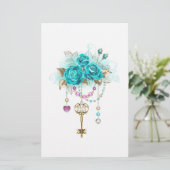 Turquoise-Rozen met Keys Briefpapier (Staand voorkant)