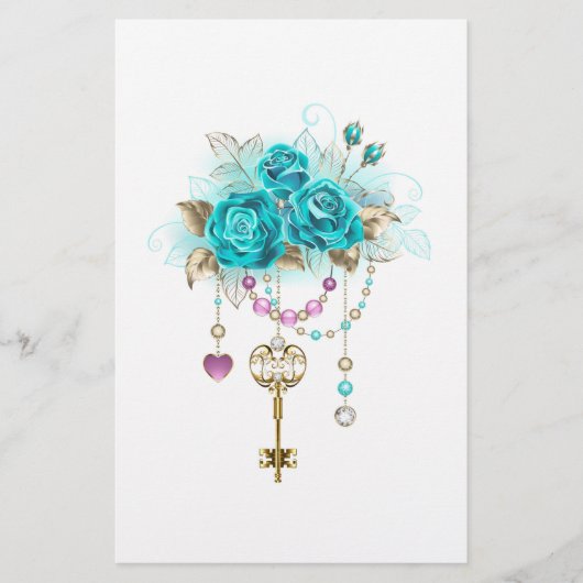 Turquoise-Rozen met Keys Briefpapier (Voorkant)
