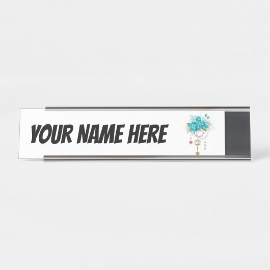 Turquoise-Rozen met Keys Bureau Naambordje (Voorkant)