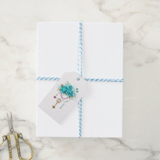 Turquoise-Rozen met Keys Cadeaulabel (Met Touw)