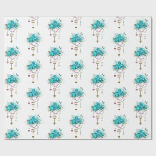 Turquoise-Rozen met Keys Cadeaupapier (Vlak)