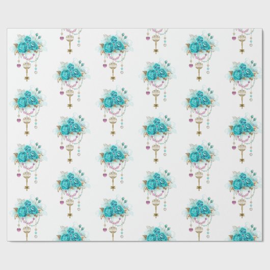Turquoise-Rozen met Keys Cadeaupapier (Vlak)