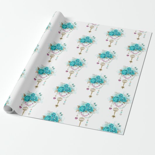 Turquoise-Rozen met Keys Cadeaupapier (Uitgerold)