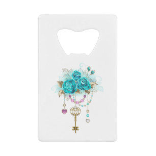 Turquoise-Rozen met Keys Creditkaart Flessenopener