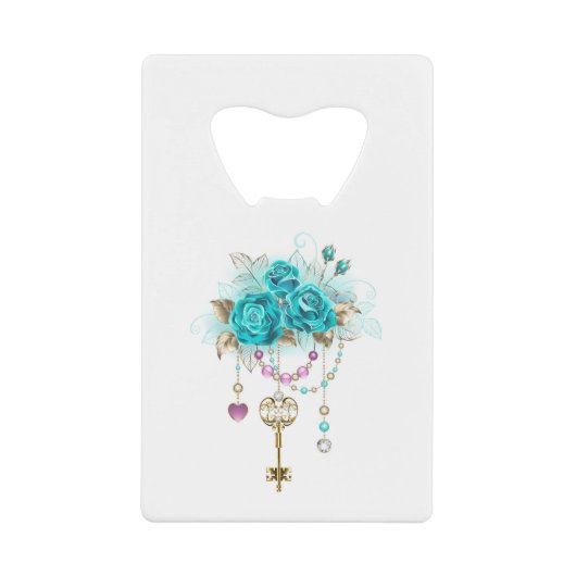 Turquoise-Rozen met Keys Creditkaart Flessenopener (Voorkant)