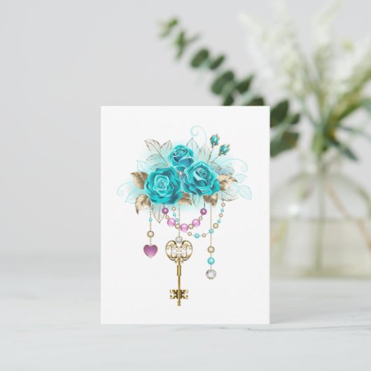 Turquoise-Rozen met Keys Feestdagenkaart (Staand voorkant)