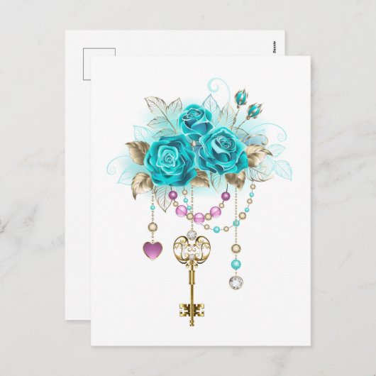 Turquoise-Rozen met Keys Feestdagenkaart (Voorkant / Achterkant)
