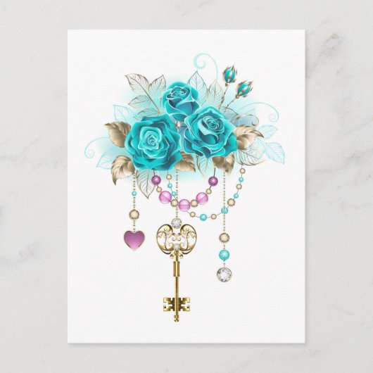 Turquoise-Rozen met Keys Feestdagenkaart (Voorkant)