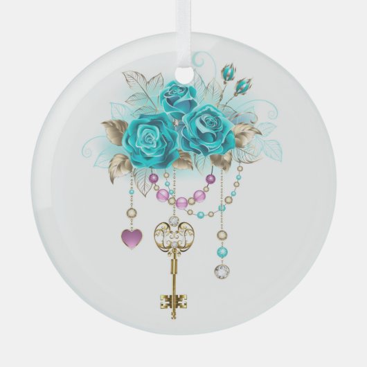 Turquoise-Rozen met Keys Glas Ornament (Voorkant)