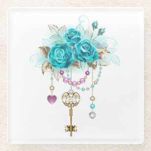 Turquoise-Rozen met Keys Glazen Onderzetter