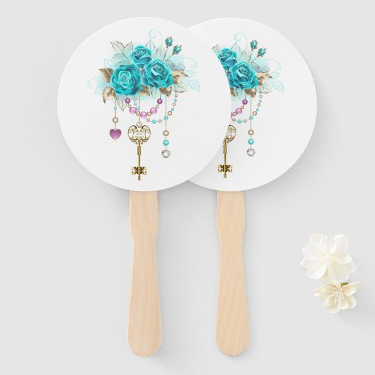 Turquoise-Rozen met Keys Handwaaier (Voorkant en achterkant)