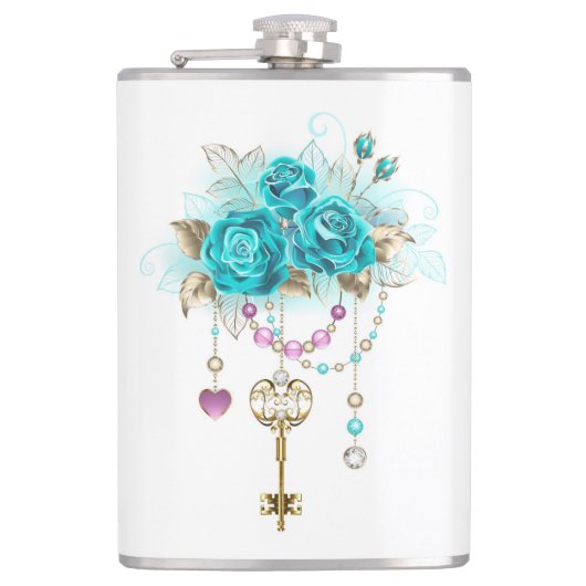 Turquoise-Rozen met Keys Heupfles (Voorkant)