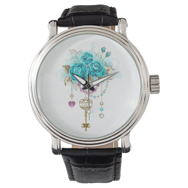 Turquoise-Rozen met Keys Horloge (Voorkant)