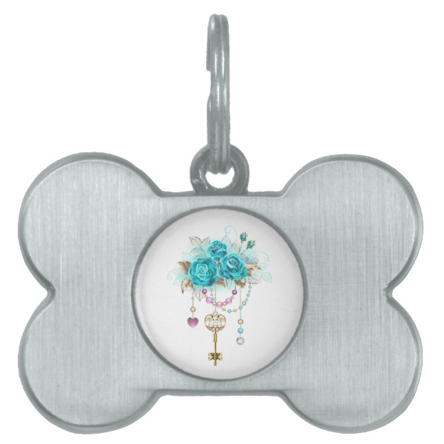 Turquoise-Rozen met Keys Huisdieren Naamplaatje (voorkant)
