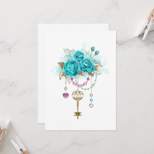 Turquoise-Rozen met Keys Kaart (Voorkant / Achterkant in situ)