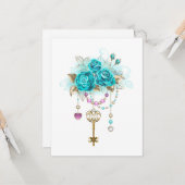 Turquoise-Rozen met Keys Kaart (Voorkant / Achterkant in situ)