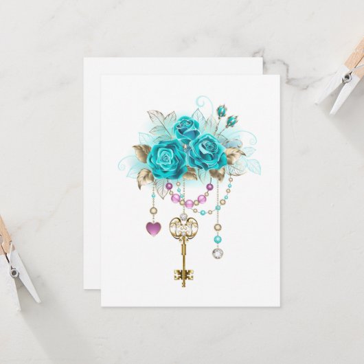 Turquoise-Rozen met Keys Kaart (Voorkant / Achterkant in situ)