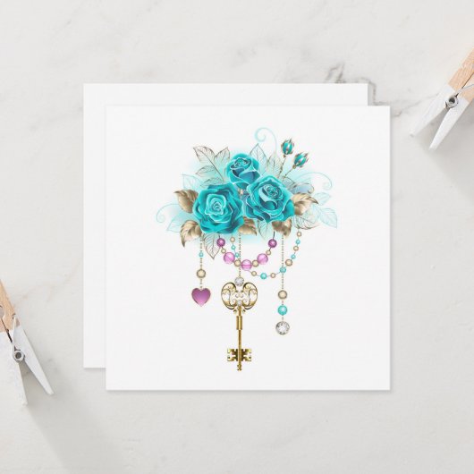 Turquoise-Rozen met Keys Kaart (Voorkant / Achterkant in situ)