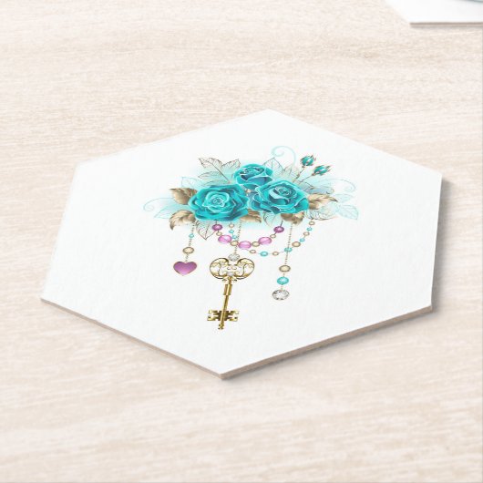Turquoise-Rozen met Keys Kartonnen Onderzetters (Schuin)