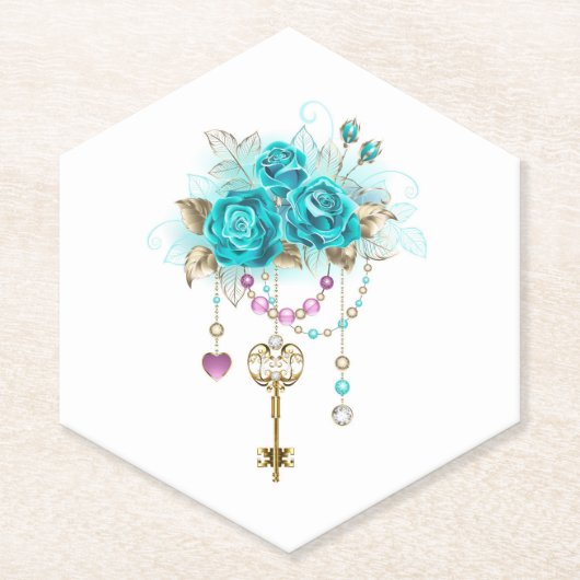 Turquoise-Rozen met Keys Kartonnen Onderzetters (Voorkant)