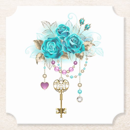 Turquoise-Rozen met Keys Kartonnen Onderzetters (Voorkant)