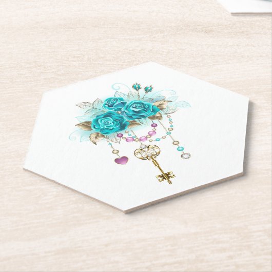 Turquoise-Rozen met Keys Kartonnen Onderzetters (Schuin)