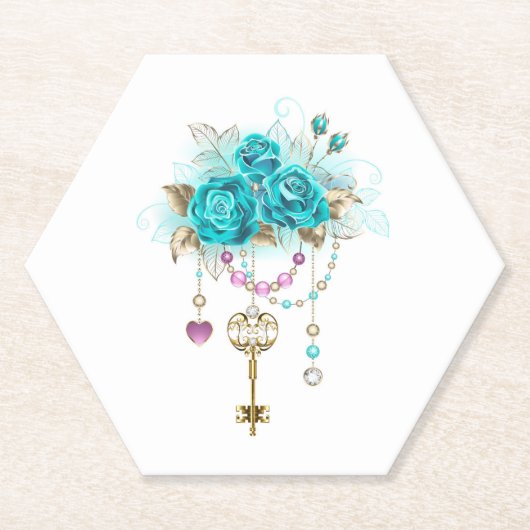 Turquoise-Rozen met Keys Kartonnen Onderzetters (Voorkant)