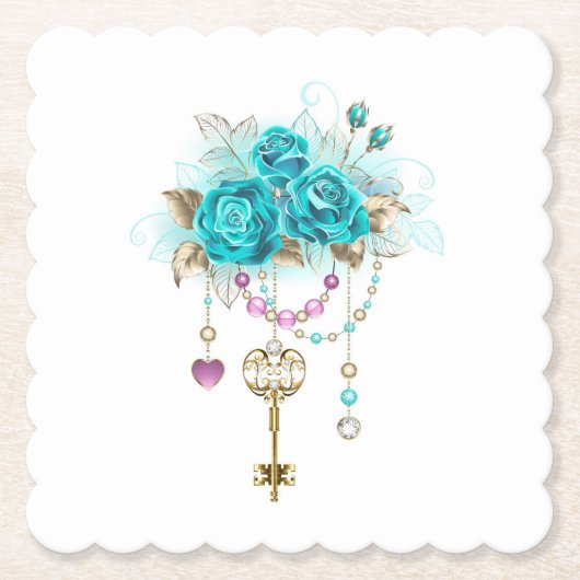Turquoise-Rozen met Keys Kartonnen Onderzetters (Voorkant)