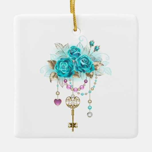 Turquoise-Rozen met Keys Keramisch Ornament (Voorkant)