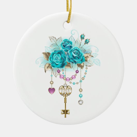 Turquoise-Rozen met Keys Keramisch Ornament (Voorkant)