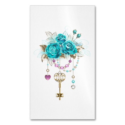 Turquoise-Rozen met Keys Magnetisch Visitekaartje (Voorkant Verticaal)