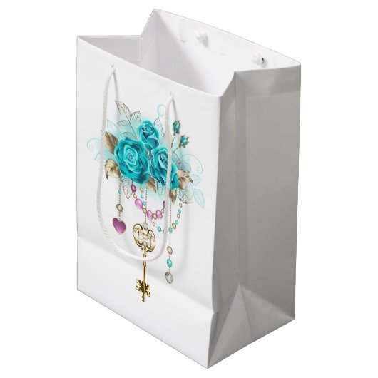 Turquoise-Rozen met Keys Medium Cadeauzakje (Voorkant Gekanteld)