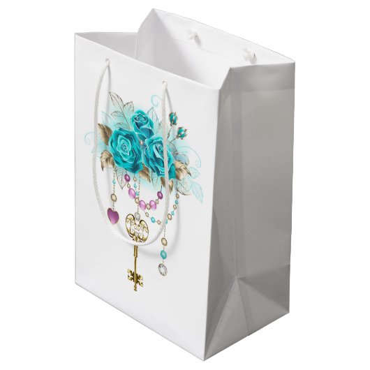 Turquoise-Rozen met Keys Medium Cadeauzakje (Achterkant Gekanteld)