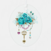 Turquoise-Rozen met Keys Metalen Ornament (Voorkant)