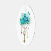 Turquoise-Rozen met Keys Metalen Ornament (Voorkant links)