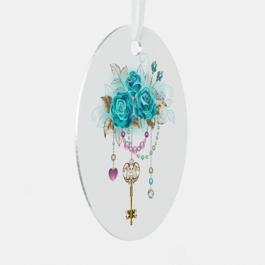 Turquoise-Rozen met Keys Metalen Ornament (Voorkant Rechts)