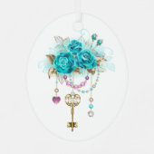 Turquoise-Rozen met Keys Metalen Ornament (Achterkant)