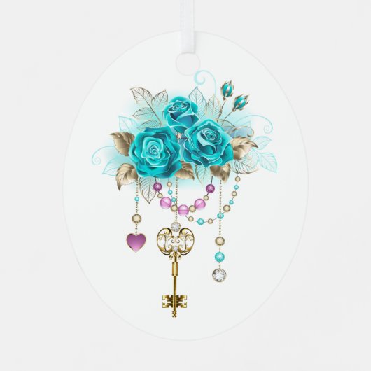 Turquoise-Rozen met Keys Metalen Ornament (Achterkant)