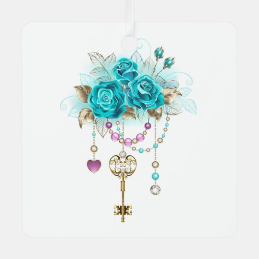 Turquoise-Rozen met Keys Metalen Ornament (Voorkant)