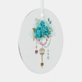 Turquoise-Rozen met Keys Metalen Ornament (Voorkant Rechts)