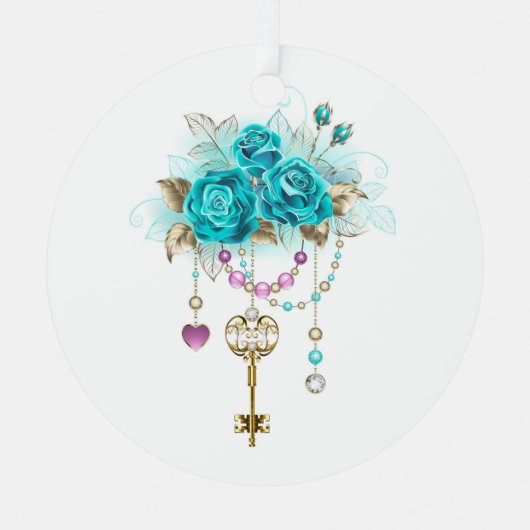 Turquoise-Rozen met Keys Metalen Ornament (Voorkant)