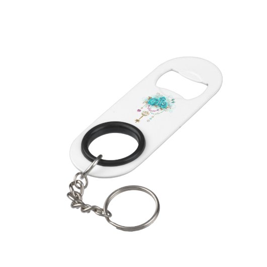 Turquoise-Rozen met Keys Mini Flessenopener (Achterkant Gekanteld)
