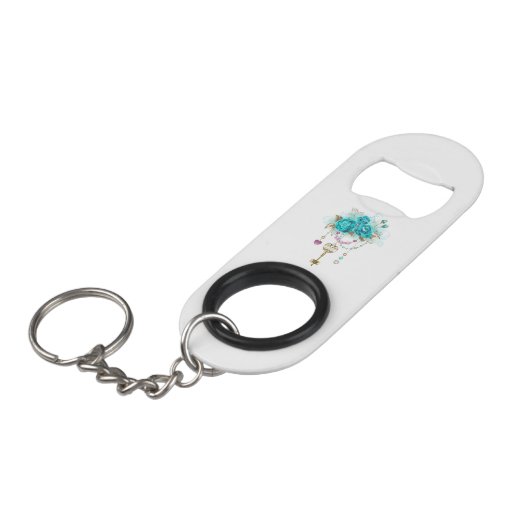 Turquoise-Rozen met Keys Mini Flessenopener (Voorkant Gekanteld)