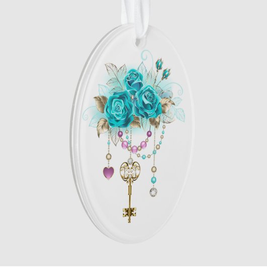 Turquoise-Rozen met Keys Ornament (voorkant)