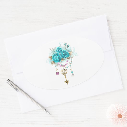 Turquoise-Rozen met Keys Ovale Sticker (Envelop)