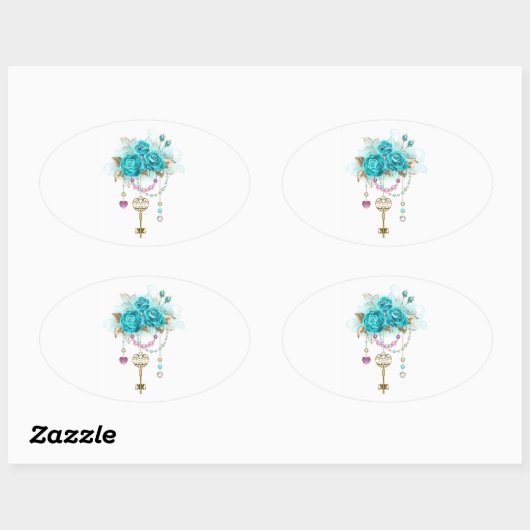 Turquoise-Rozen met Keys Ovale Sticker (Vel)